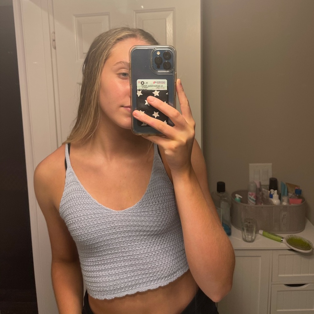blue knitted tank